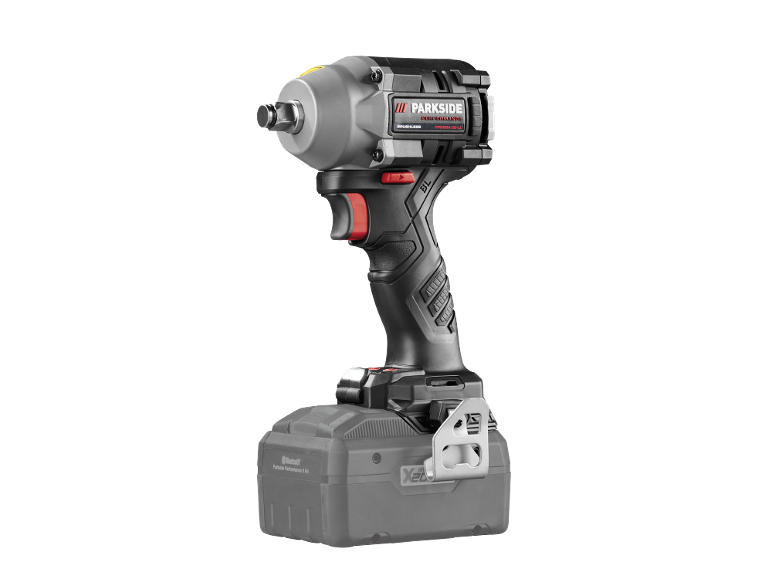 Cordless impact wrench with a black and grey body and red accents, with an 8 Ah battery.