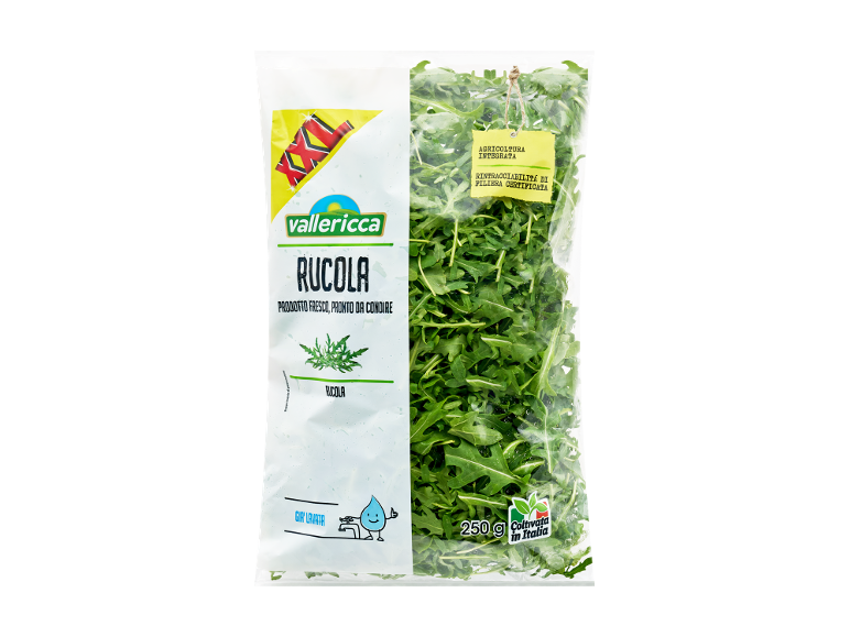 Bag of fresh arugula 250g, ready to use, cultivated in Italy.