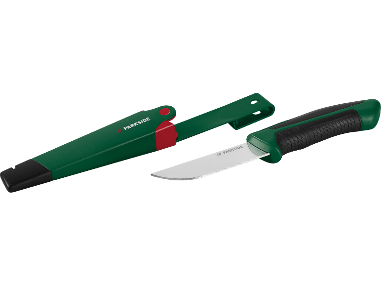 Work knife with green and black handle, with green and red sheath.