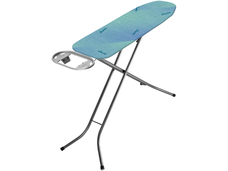 Foldable ironing board with a blue cover and an iron rest.