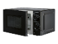 Black microwave oven with an open door and control knobs for power and timer.