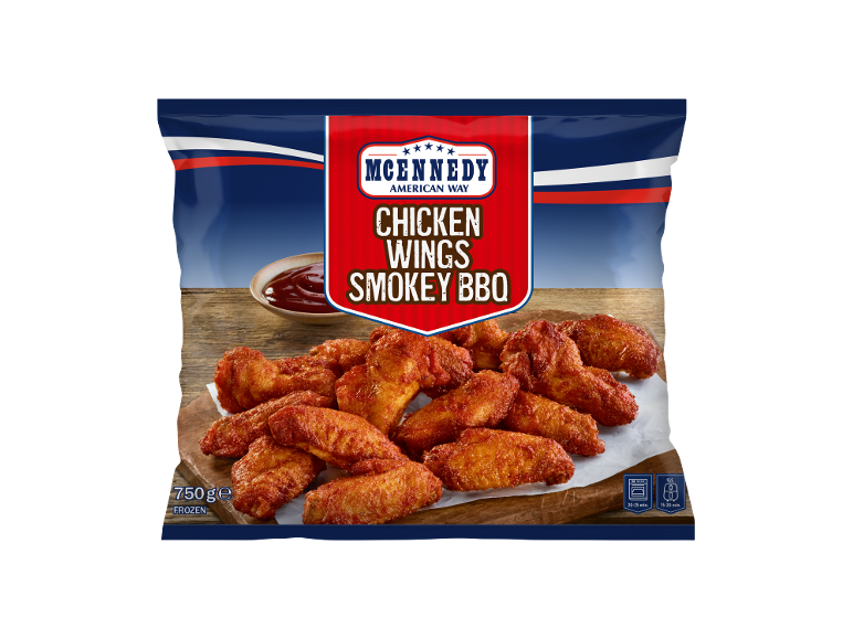 Frozen chicken wings with smokey BBQ flavor, 750g, ready in 15-25 minutes.