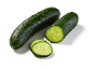 Fresh whole and sliced cucumbers on a white background.