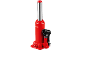 Red hydraulic bottle jack with a black handle and a silver piston.
