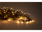 Warm, glowing Christmas lights on a pine branch.