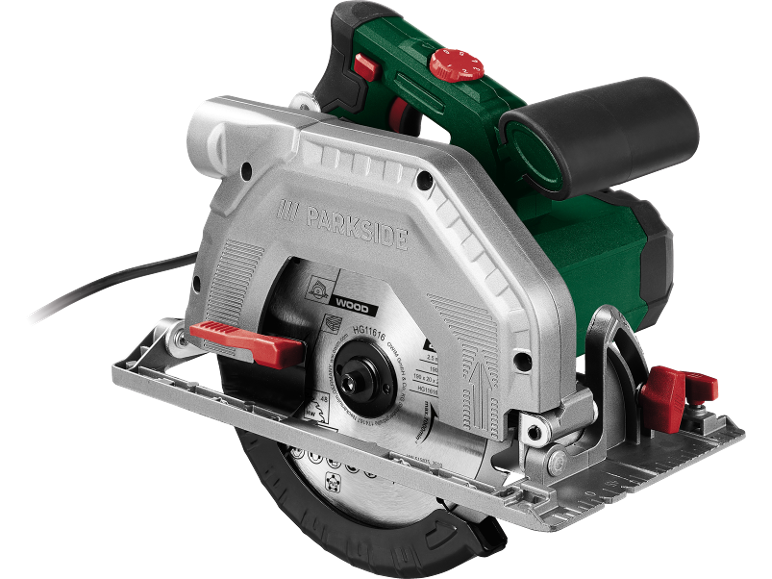 A circular saw with a silver body and green handle, featuring a wood-cutting blade.