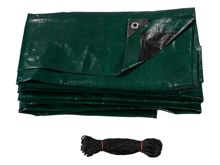 Folded green tarp with a metal grommet and a coiled black rope.
