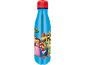 Blue water bottle with red cap, featuring video game characters like Mario and Luigi.