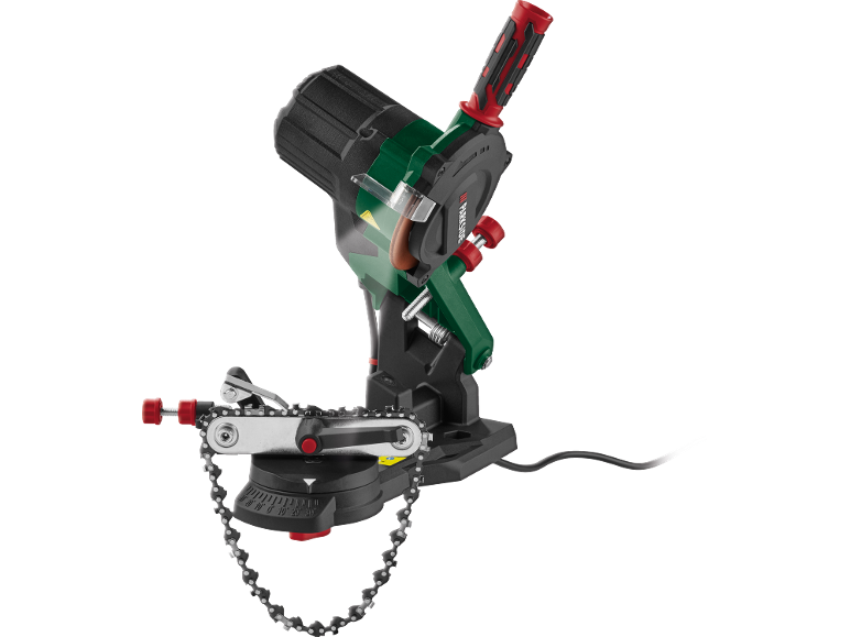 Electric chain sharpener with a chain on a black background.
