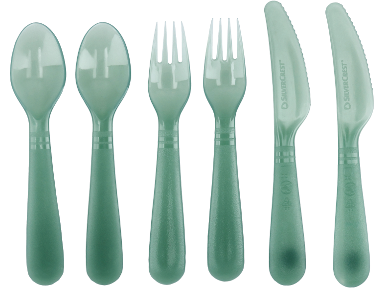 Green plastic cutlery set including spoons, forks, and knives.
