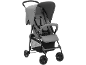 Grey baby stroller with a canopy, safety harness, and mesh basket.