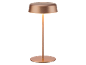 Copper table lamp with a round base and glowing lampshade.