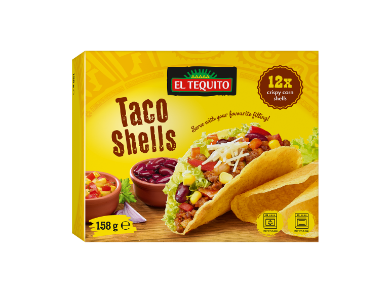 Taco shells box with 12 crispy corn shells, showing a filled taco and ingredients.