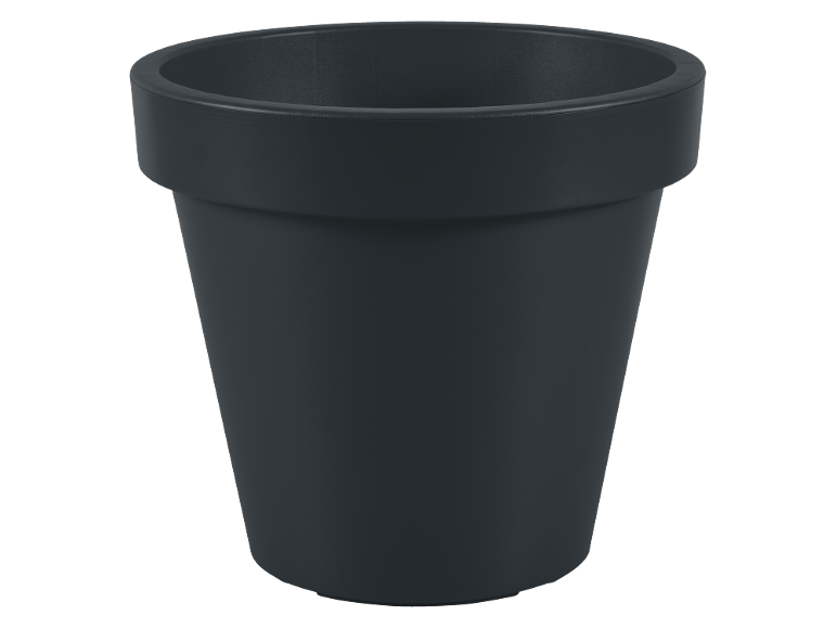 Dark gray plastic flower pot on a black background.