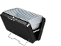 Portable black foldable charcoal grill with a metal grate.