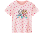 Pink short-sleeved T-shirt with heart pattern and two cartoon puppies.