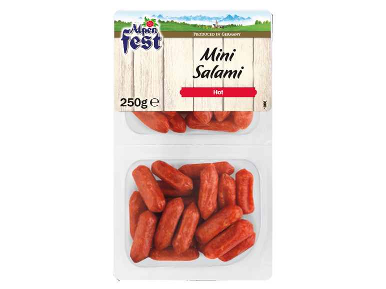 Packaged hot mini salami, with a wooden background and alpine landscape.