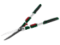 Hedge shears with long handles and green and red details.