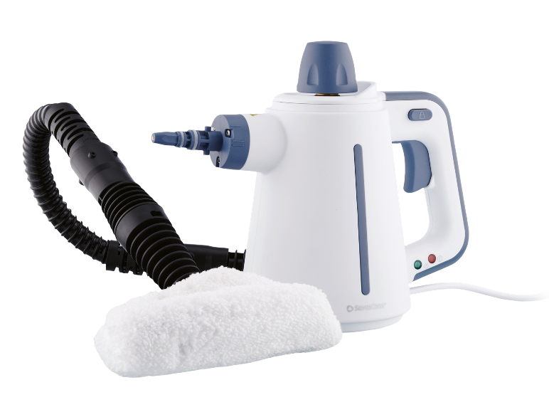 Steam cleaner with hose attachment and white cloth.