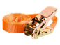 Orange ratchet strap for securing cargo.