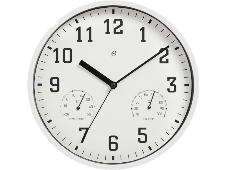 White wall clock with black numbers, temperature gauge showing 25°C, and humidity gauge showing 65%.