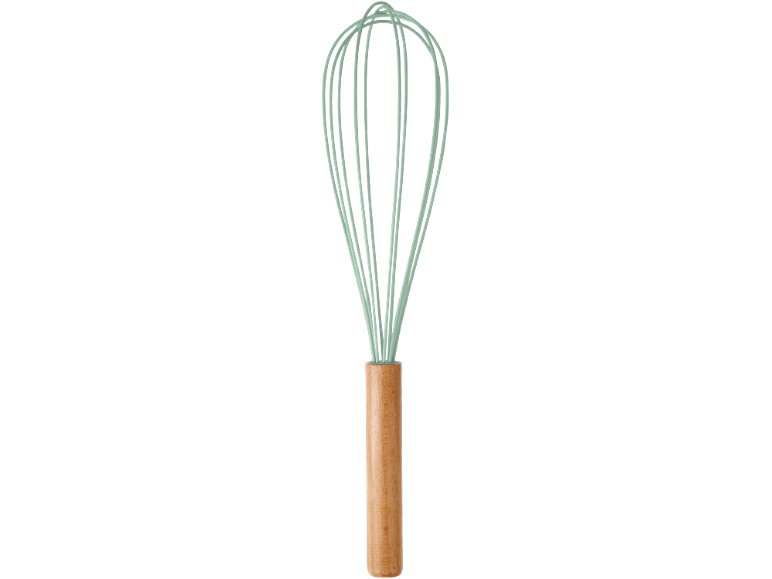 Kitchen whisk with green silicone wires and a wooden handle.