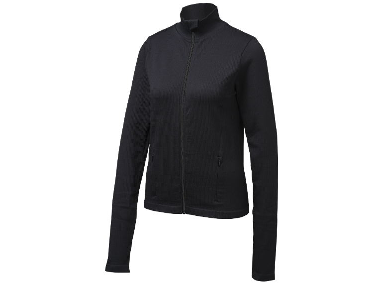 Black ribbed full-zip athletic jacket with a high collar and zippered pockets.