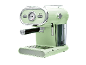 Retro mint green espresso machine with a pressure gauge and chrome details.