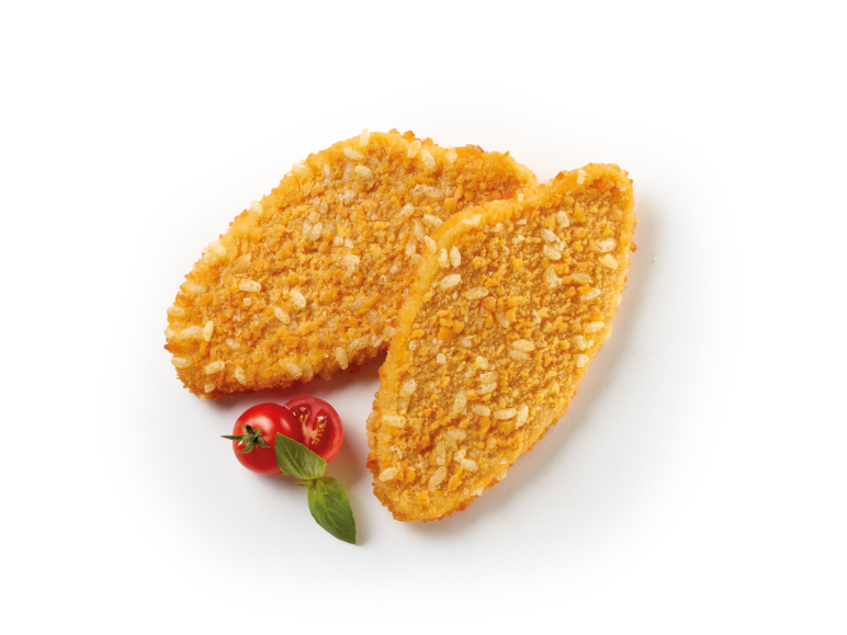 Two breaded chicken fillets with cherry tomatoes and basil.