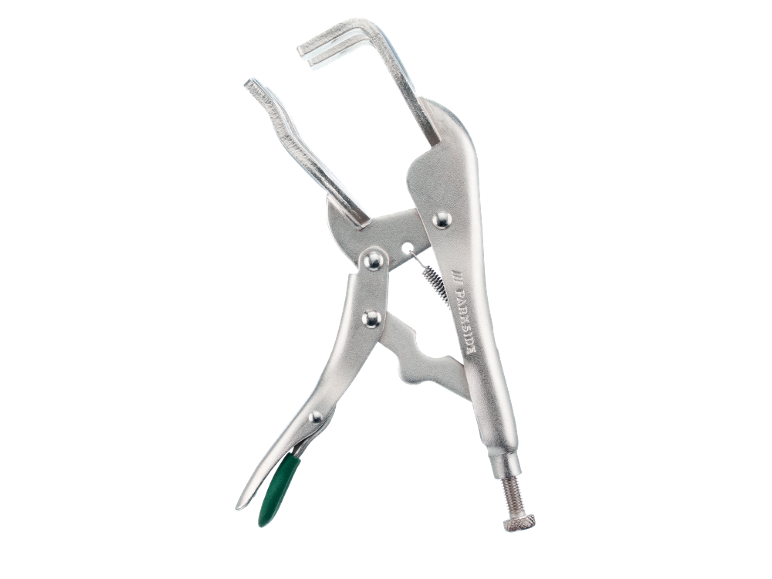 Metal welding pliers with clamps and a green handle