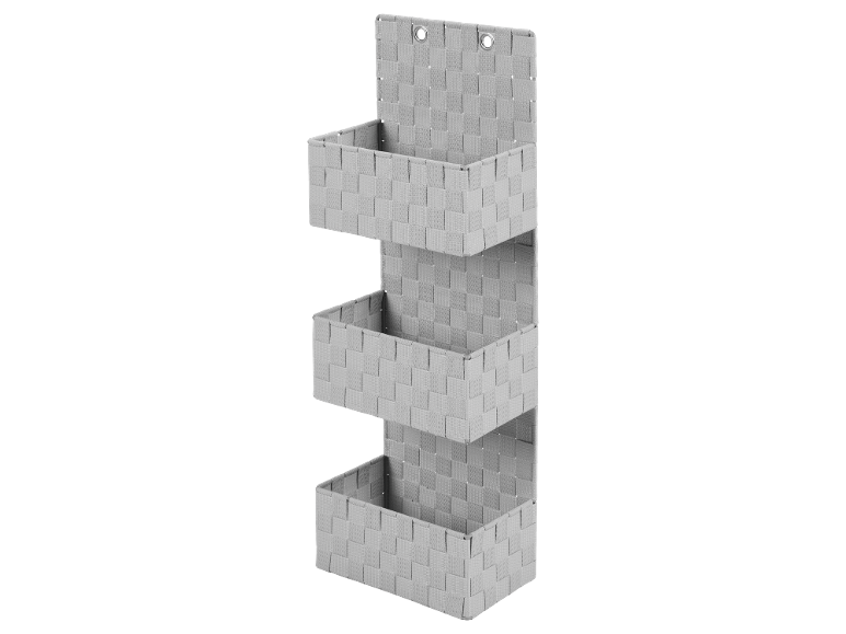 Light grey wall storage unit with three woven baskets