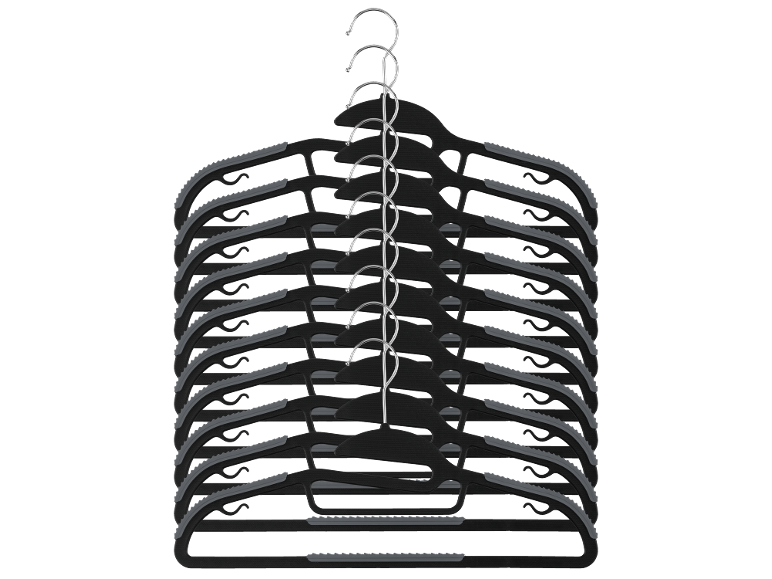 Stack of 11 black clothes hangers with grey anti-slip details and metal hooks.