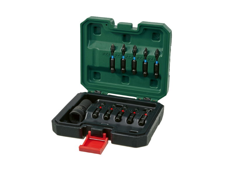 Set of screwdriver bits and sockets in a green case.