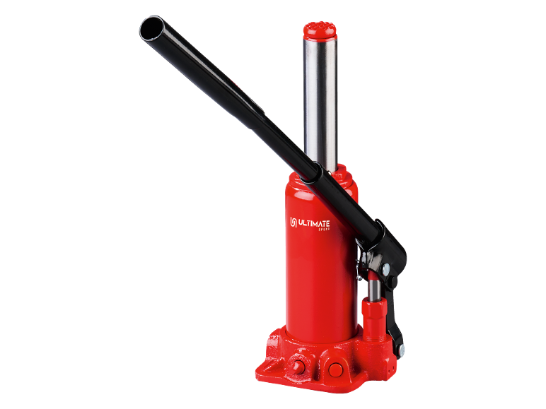 Red hydraulic bottle jack with a black handle and sturdy base.