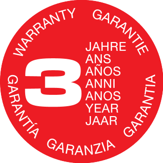 3-year warranty seal in multiple languages.