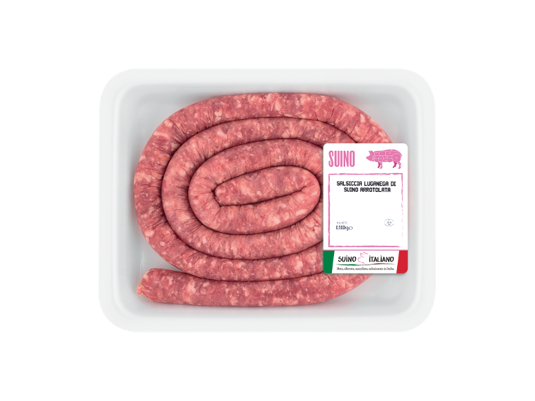 Raw pork sausage coiled in a spiral, in packaging, with a label.