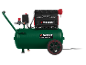 Green air compressor with black and red accents, featuring a handle and wheels.