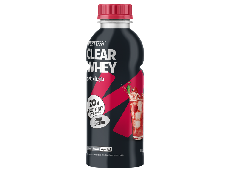 Bottle of cherry-flavored protein drink, 20g protein, sugar-free.