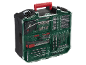 A comprehensive drill and bit set in a transparent green and black case, including a tape measure.