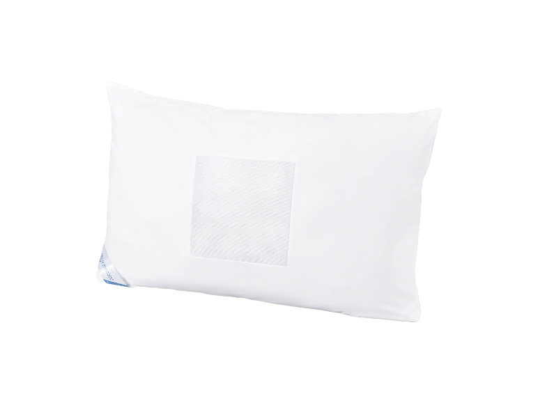 White pillow with a mesh insert, featuring a blue label on the side.