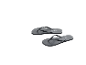 A pair of grey flip-flops with textured soles, positioned at an angle.