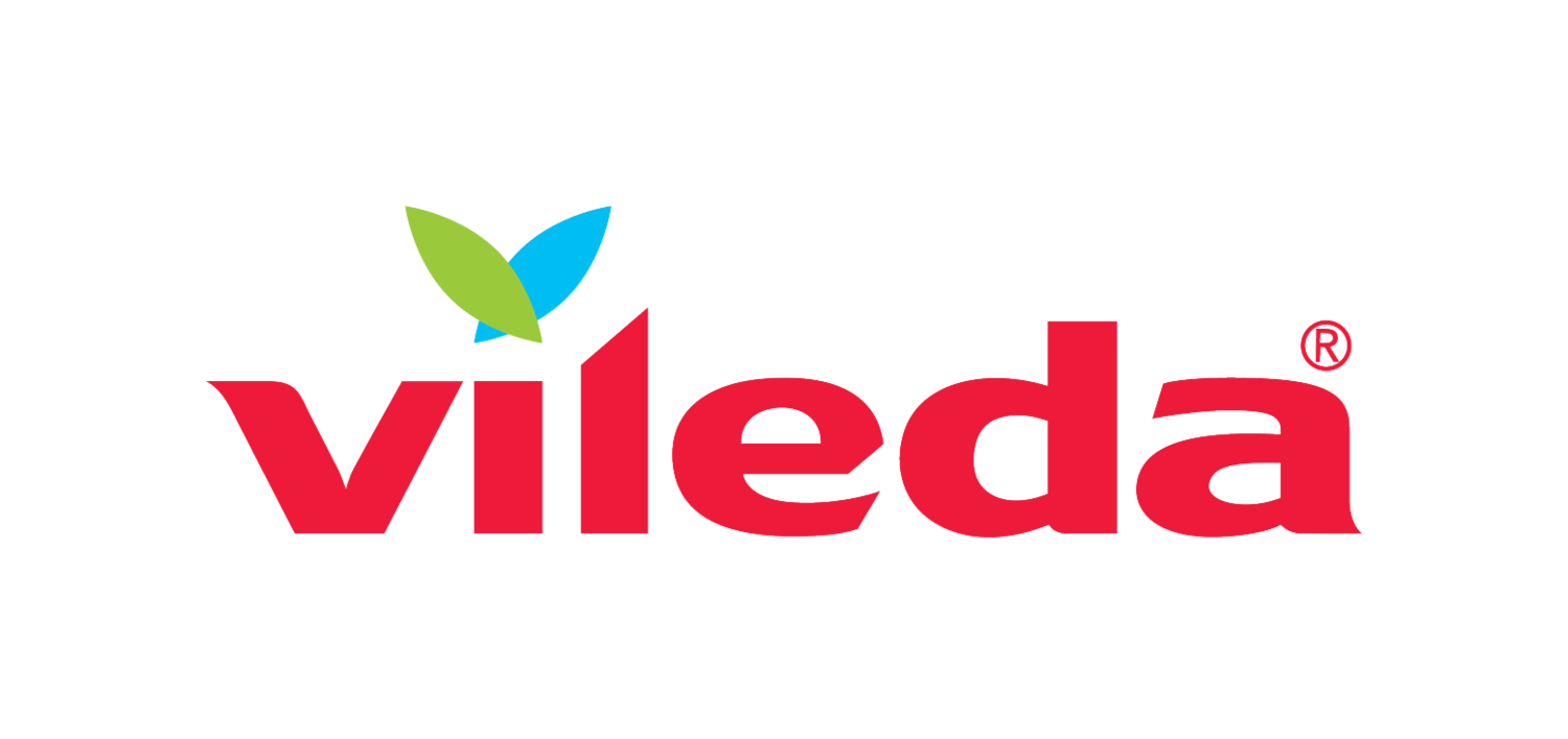 Vileda logo, red text with green and blue leaves