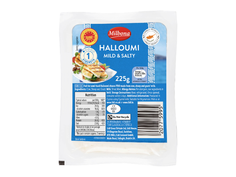 Packaging of 225g halloumi cheese, mild and salty, with nutritional information.