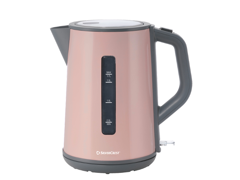 Rose gold electric kettle with water level indicator and grey accents.
