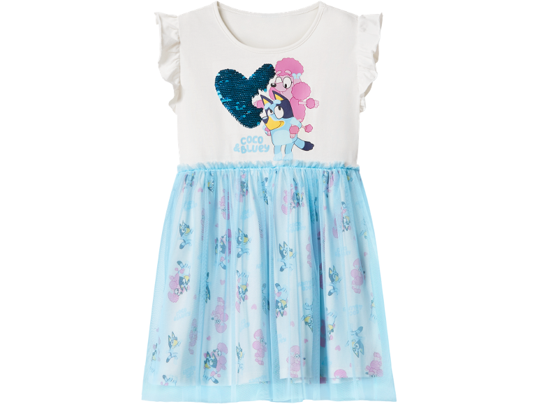 White and blue dress with heart sequins and cartoon characters.