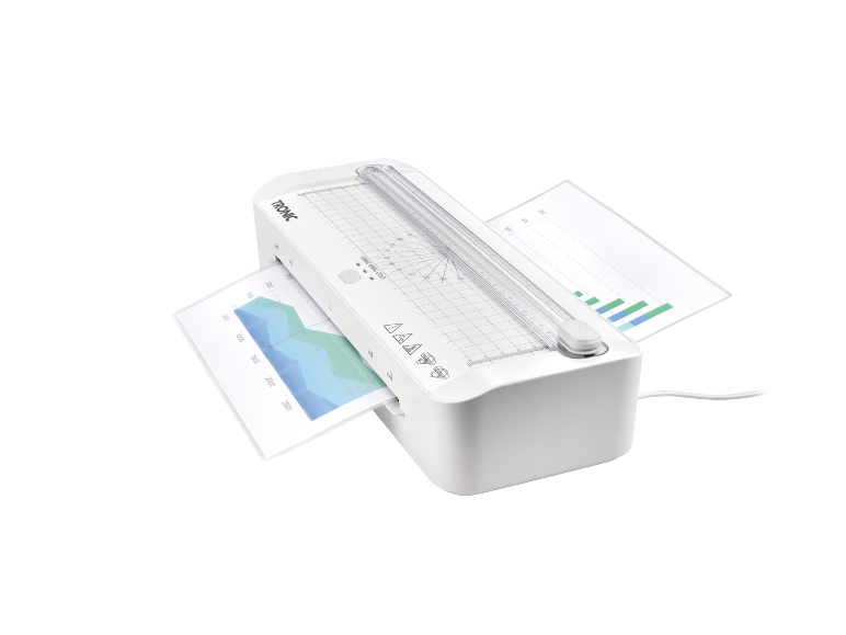 White laminator with graphs and charts, plugged into the mains.