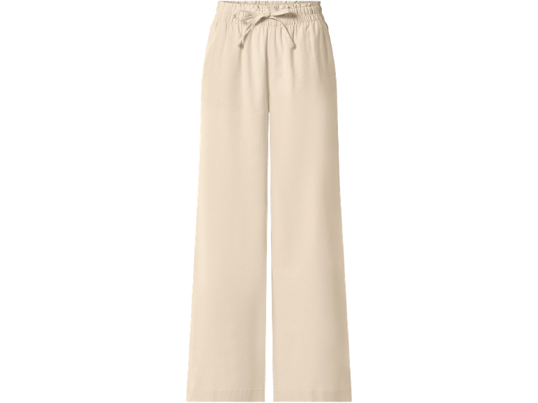 Women's beige wide-leg trousers with an elasticated waist and drawstring.