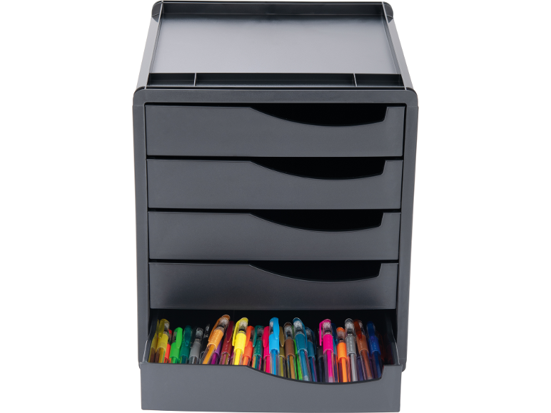 Dark grey desk organizer with four pull-out drawers filled with colorful pens.