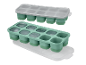 Two mint ice cube trays with lids, one filled with ice.