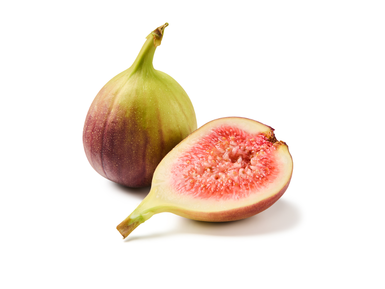 Whole fig and a halved fig with red flesh and seeds.